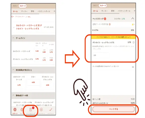 遊雅堂のアイスホッケーの賭け方: 賭けの確認
