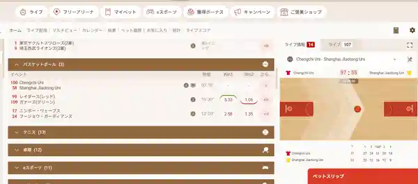 CBA (中国バスケットボール協会) の賭け画面