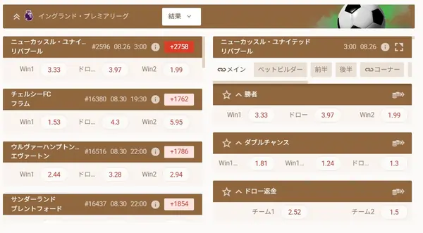 プレミアリーグサッカーのスポーツベット画面