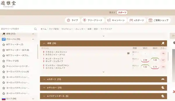 遊雅堂の卓球の賭け画面