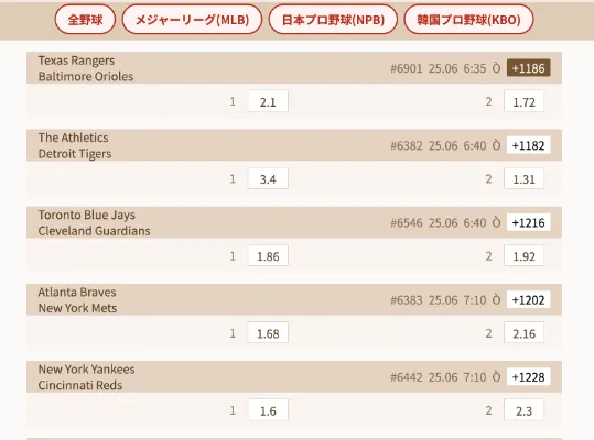 メジャーリーグのスポーツベット画面