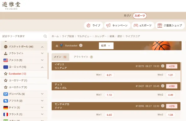 遊雅堂のスポーツベット画面：バスケ