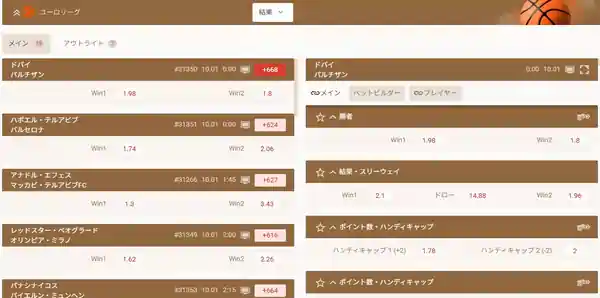 ユーロリーグの遊雅堂賭け画面