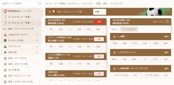 なでしこリーグの賭け画面